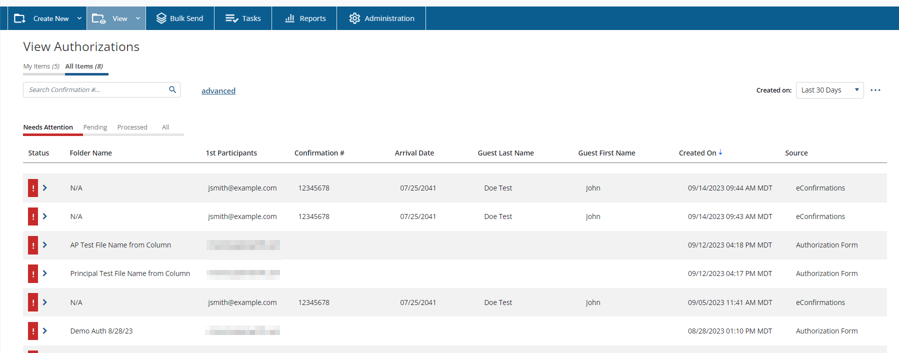 The View Authorizations page, listing eConfirmations as a source.